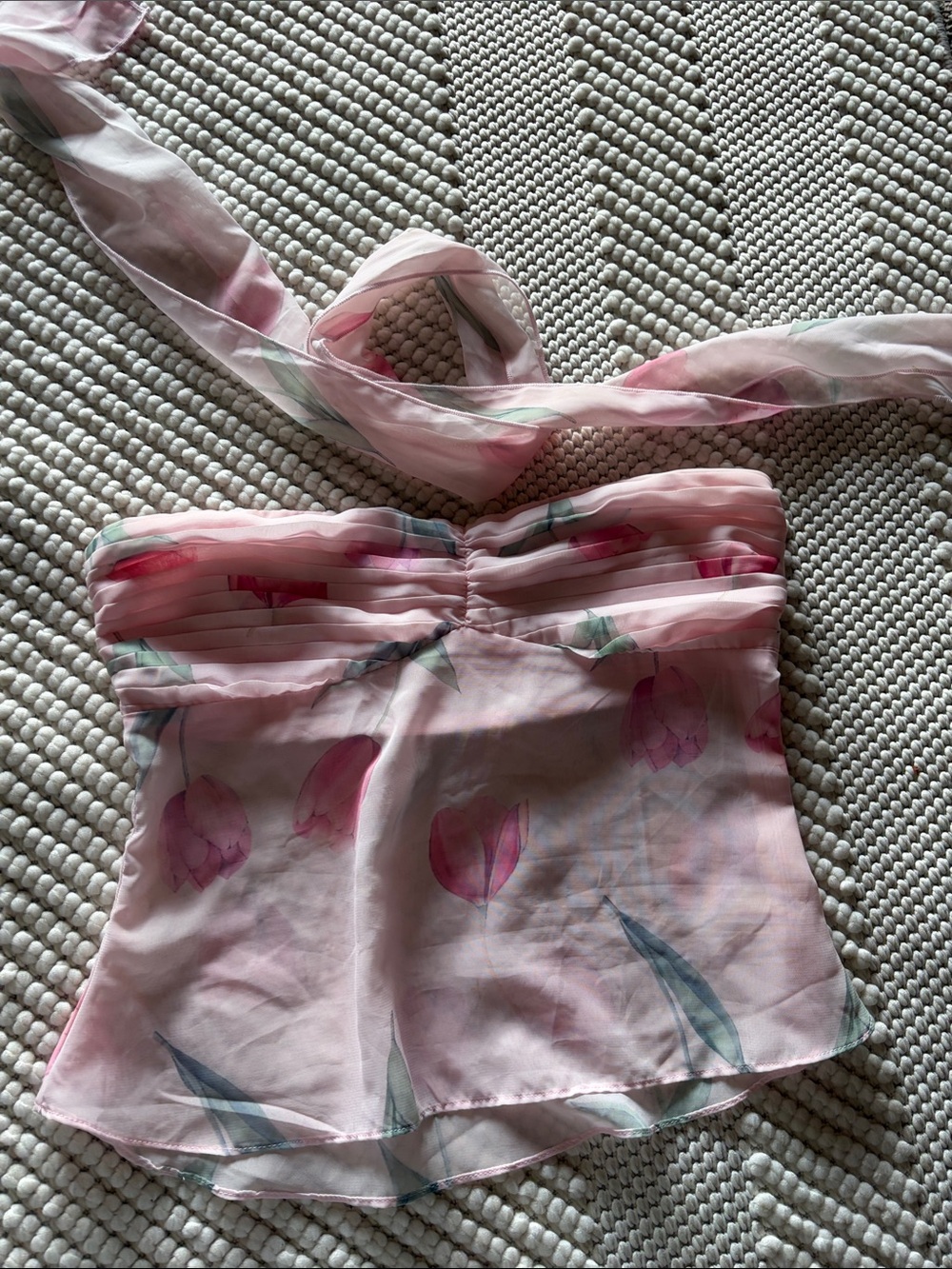 Pink Floral Chiffon Strapless Top